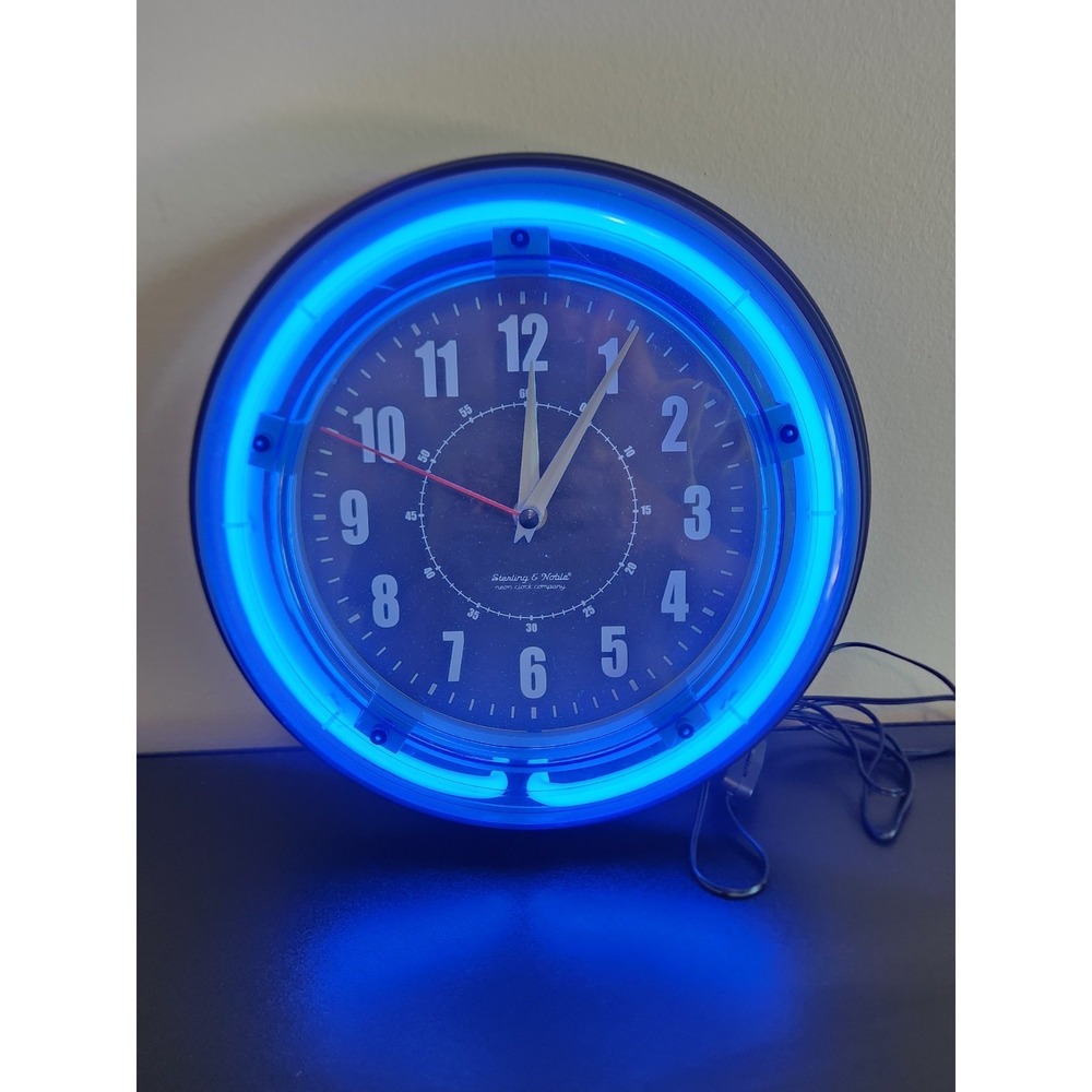 Sterling and Noble Electric Blue Neon Tube Light Up Wall Clock Retro 90's Decor